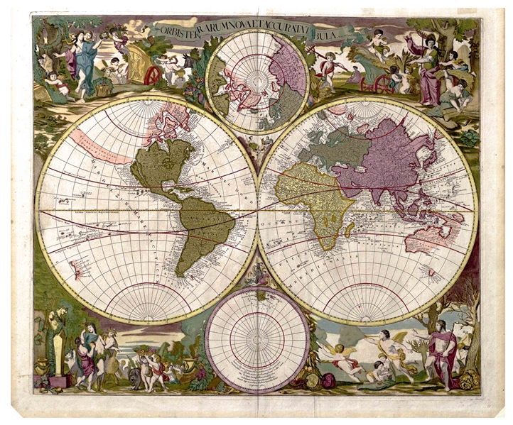 Gorgeous World Map, Circa 1700 During the Golden Age of Dutch Cartography -- Hand-Colored Map Shows Dual Hemispheres, Dual Polar Projections & Allegorical Scenes Representing the Four Seasons